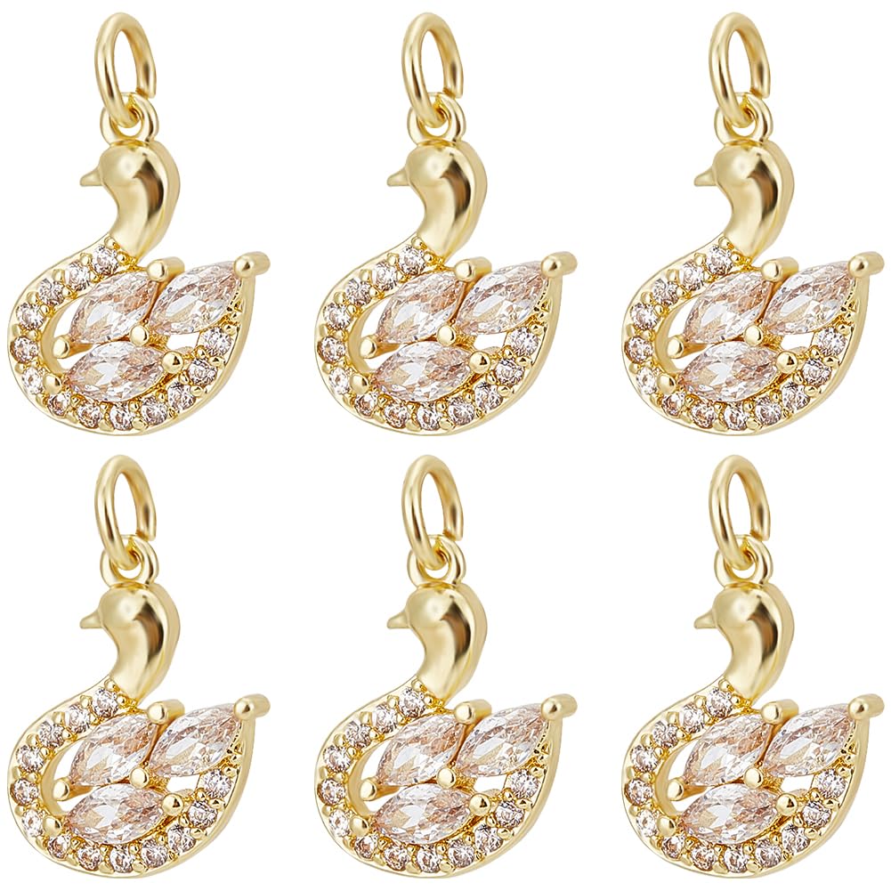 Beebeecraft 1 Box 8Pcs Swan Charms 18K Gold Plated Cubic Zirconia Animal Pendant Charms with Open Jump Ring for Jewellery Making Necklace Bracelet DIY Crafts
