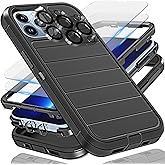 YmhxcY for iPhone 13 Pro Max Case, 2X Glass Screen and Camera Protector, 3 in 1 Heavy Duty Shockproof Drop Protection Stripe Rubber Cover for 13 Pro Max 6.7"-Black