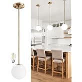 Majade Pendant Lights Kitchen Island 7.4" Globe Champagne Bronze Light | Mid Century Modern Pendant Light Fixtures Ceiling Lighting with Milk Glass Shade Adjustable Champagne Bronze Hanging Light