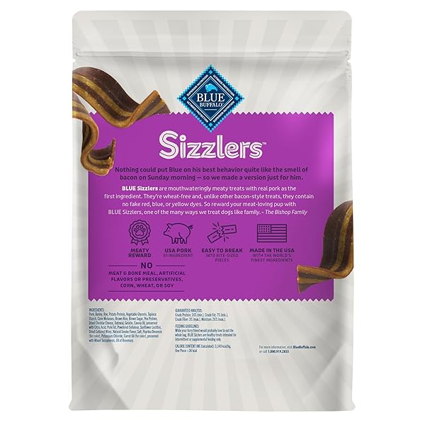 BLUE BUFFALO SIZZLERS BACON-STYLE DOG TREATS WITH REAL USA PORK, ORIGINAL FLAVOR, 28-OZ BAG
