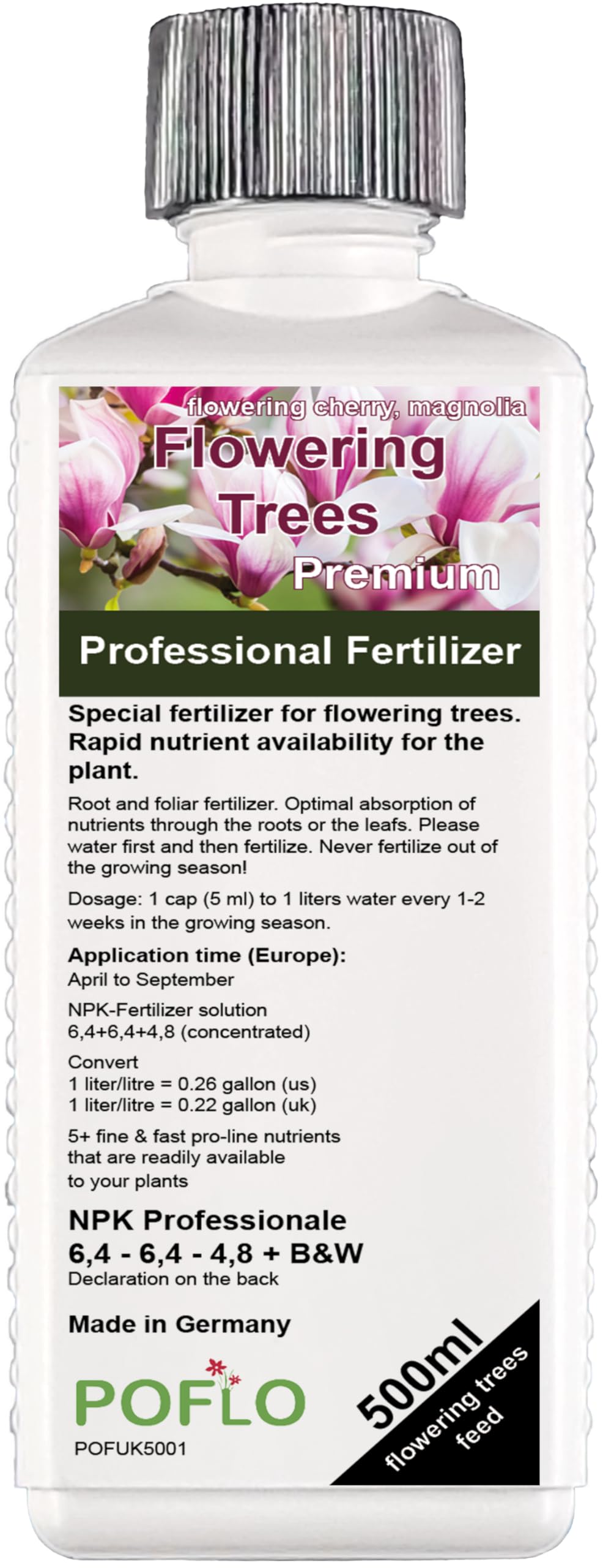 POFLO Flowering trees HIGH-TECH NPK complete fertilizer plants fertilizer for magnolias, tulip trees, bluebell trees, trumpet trees, ornamental cherries, flowering dogwoods etc. (500ml)