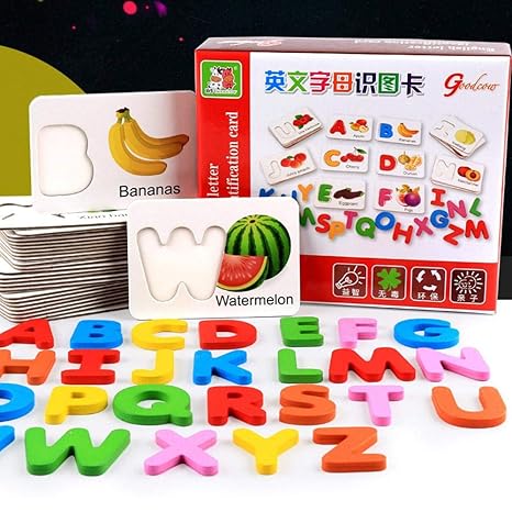 Educational ABC Flash Cards,Yeldou Pre-School Alphabet Flash Cards Wooden Puzzle - Picture Words for Baby Early Education(Capital Letters)