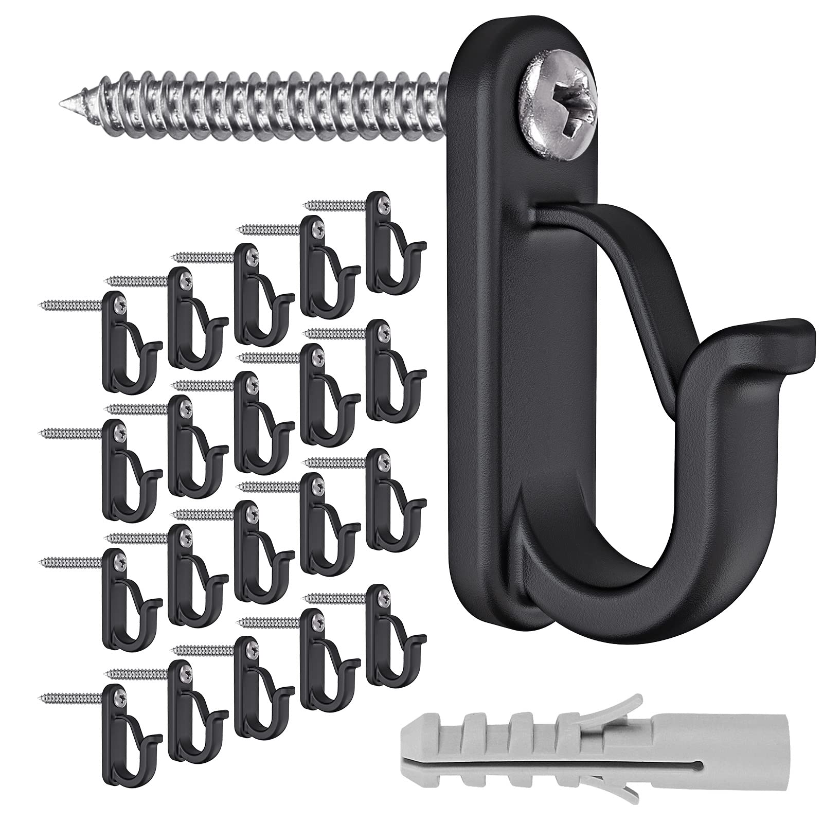 BeneLabel 20pcs Christmas Light Hook Screw-in Hanger for Outdoor Garden Hanging Plant, String Wire, Cups, Kitchen Utensils with Safety Buckle & Expansion Anchor, 4.5cm / 20lbs, Black