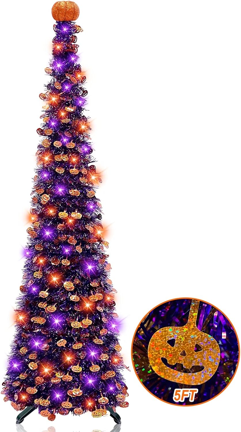 Trees - [ Orange & Purple Lights ] 5 Ft Halloween Black Tree Timer DIY 50 Lights Battery Operated Pumpkin Top Sequin Tinsel Artificial Pop Up Pencil Scary Halloween Decoration Home Indoor Outdoor