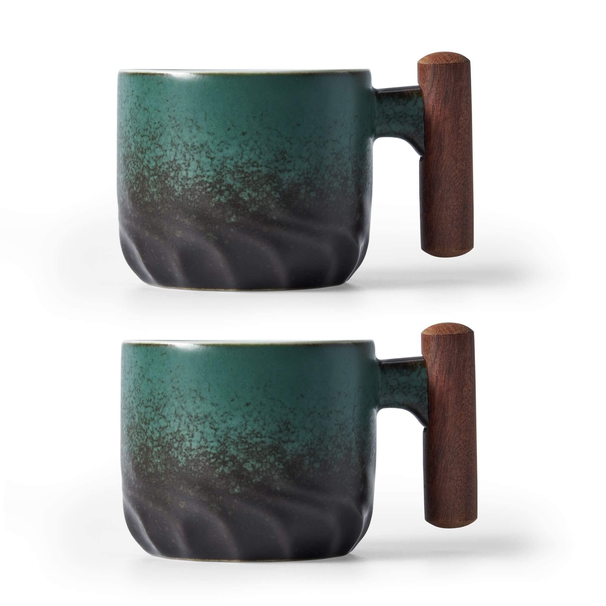 BlogBlog Ceramic Coffee Mugs with Wooden Handle, Ceramic Tea Mugs, Demiasse Mugs for Coffee or Tea, 2oz (Green, 2)