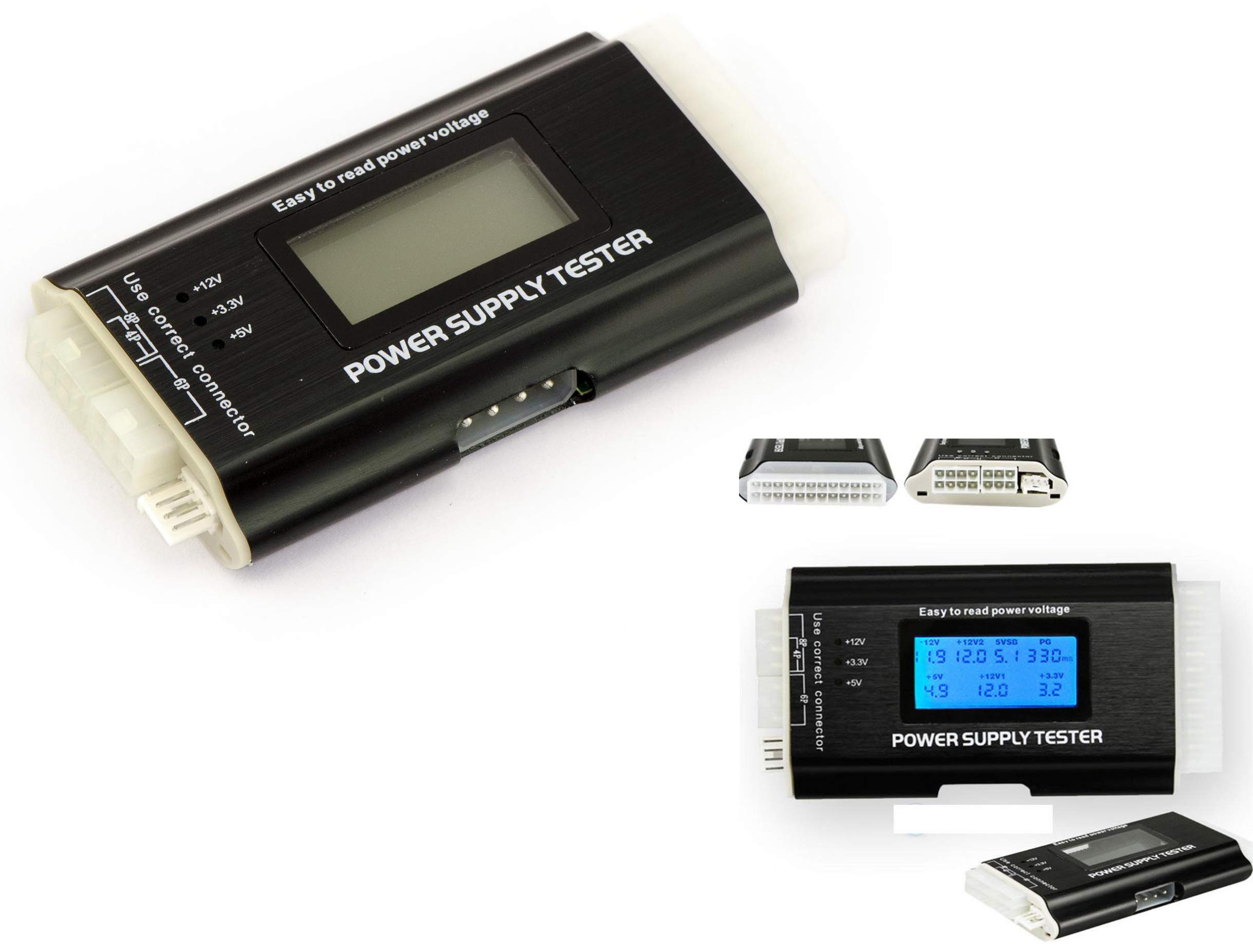 KALEA-INFORMATIQUE Digital tester for ATX power supplies and ATX 20/24 P4 P6 P8 Molex SATA cables. Real-time voltage display