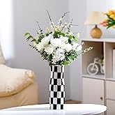 Ninehaoou Black and White Checkered Vase Large 11.25 Inch Height Modern Checkered Decor Ceramic Black and White Flower Shaped Decorative Vase for Office, Bedroom, Home Decor