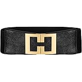 Tucnoeu Women's Wide Elastic Belt for Dresses,Fits Waist 23"-32" Fashion Stretchy Waist Belt with Gold Buckle, Black