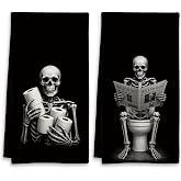 XYMBF Halloween Skeleton Bathroom Hand Towels 16x24 Inch Set of 2 | Halloween Bathroom Decor, Dark Academia Gothic Skull Reading Newspaper Decorative Hand Towels for Bathroom