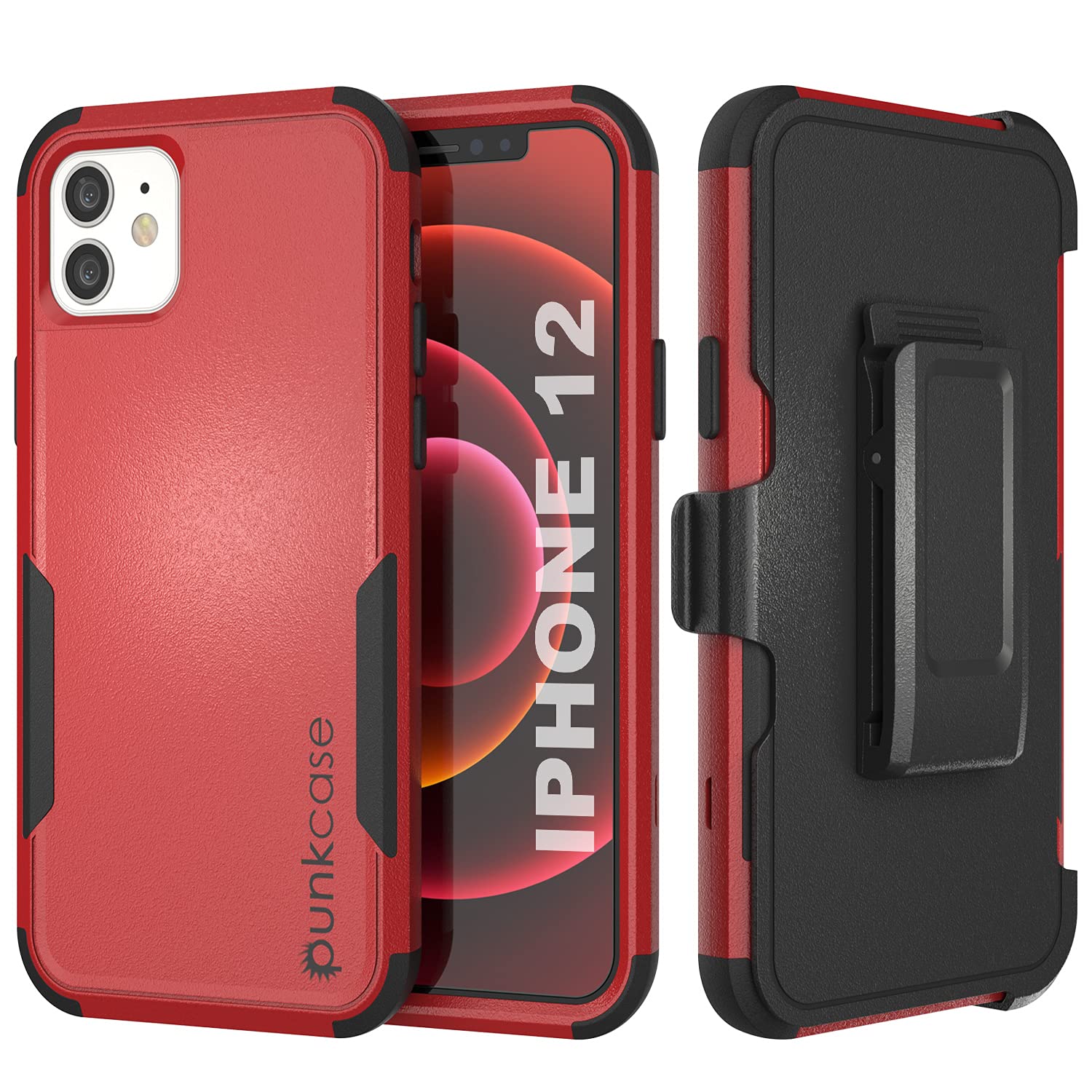 Punkcase for iPhone 12 Belt Clip Holster Case [Patron Series] 4-1 Rugged & Protective Multilayer Phone Cover W/Integrated Kickstand for iPhone 12 (6.1") (2020) [Red-Black]