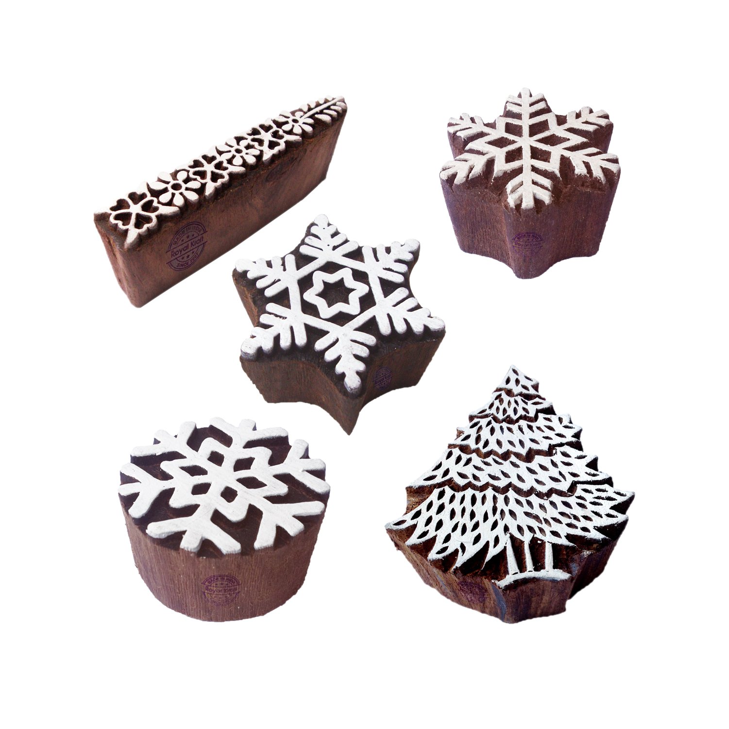 Rural Shapes Snowflake and Tree Wood Block Print Stamps (Set of 5) Htag1195