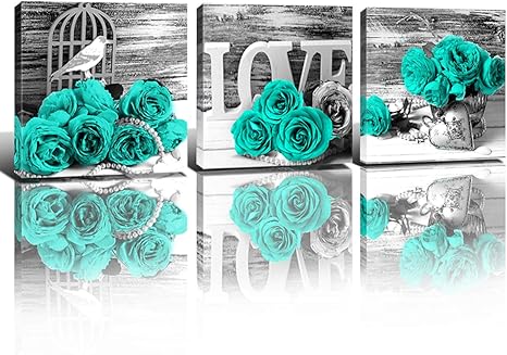 Yoooahu Teal Rose Home Decor Mint Green Flowers Wall Art For Living Room Rural Turquoise Canvas Prints Modern Black And White Floral Pictures Framed Bathroom Decoration Set Of 3 Pieces 12x12inch Amazon Sg
