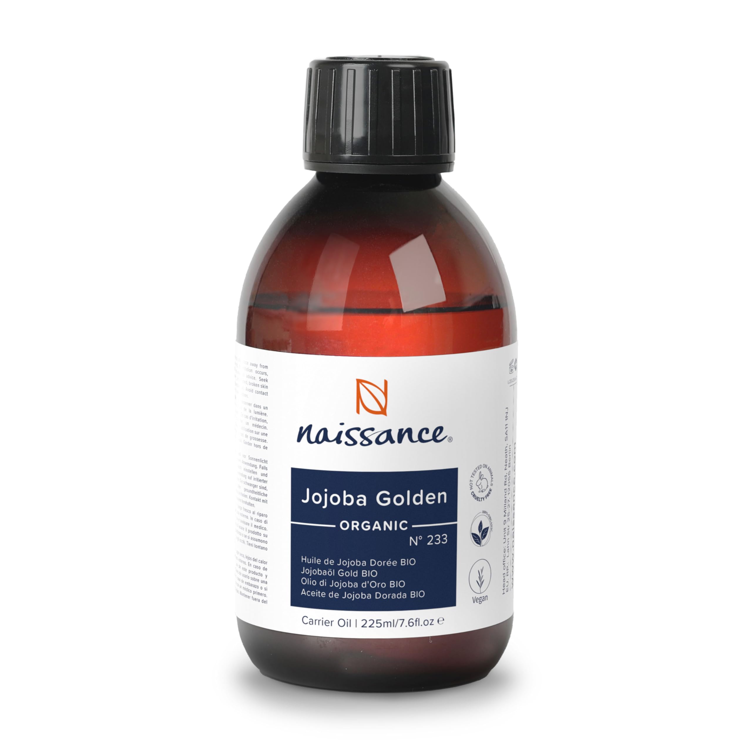 Naissance Organic Golden Jojoba Oil (No. 233) - 225ml - Cold Pressed, for Face, Skin, Hair, Eyelashes, Nails, Hair Growth
