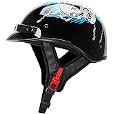 CARTMAN Half Helmet Small, DOT Approved Blue Skull Graphics for Adult | Half helmet, crisp graphics. Adult/Teen. DOT ABS, vented, weatherproof, adjustable. Goggles/gloves. Street, dirt, snow.