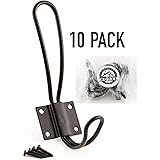 Rustic Entryway Hooks | 10 Pack of Black Wall Mounted Vintage Double Coat Hangers with Large Metal Screws Included | Hard Industrial Heavy Duty Hook Set | Best for Farmhouse Shabby Chic Hanging Look