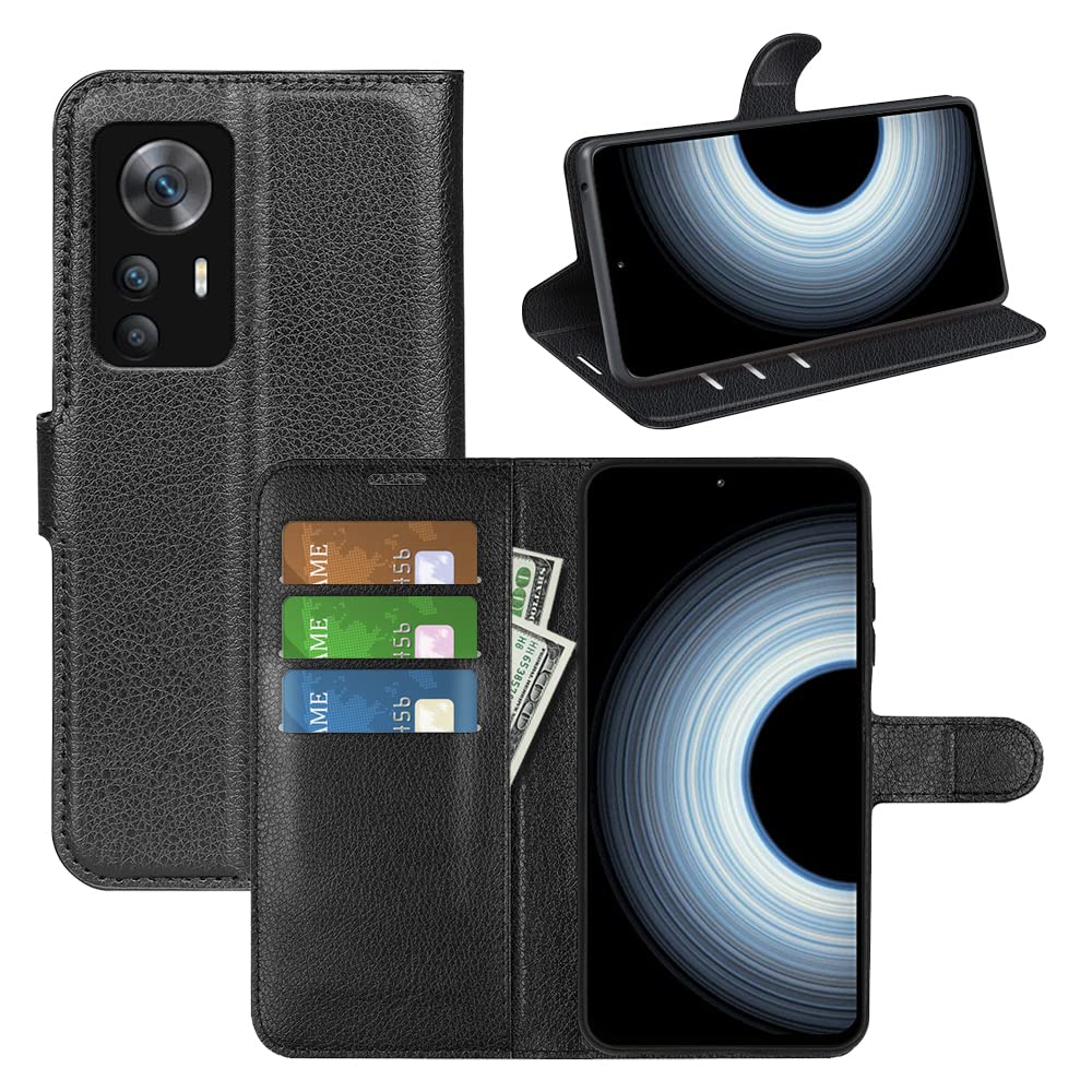 Case compatible with Xiaomi Redmi K50 Ultra Wallet Flip Cover with Card Slot Shockproof Lichee Pattern PU Leather Case+Inner TPU Silicone Case with Kickstand Cover Case,Black