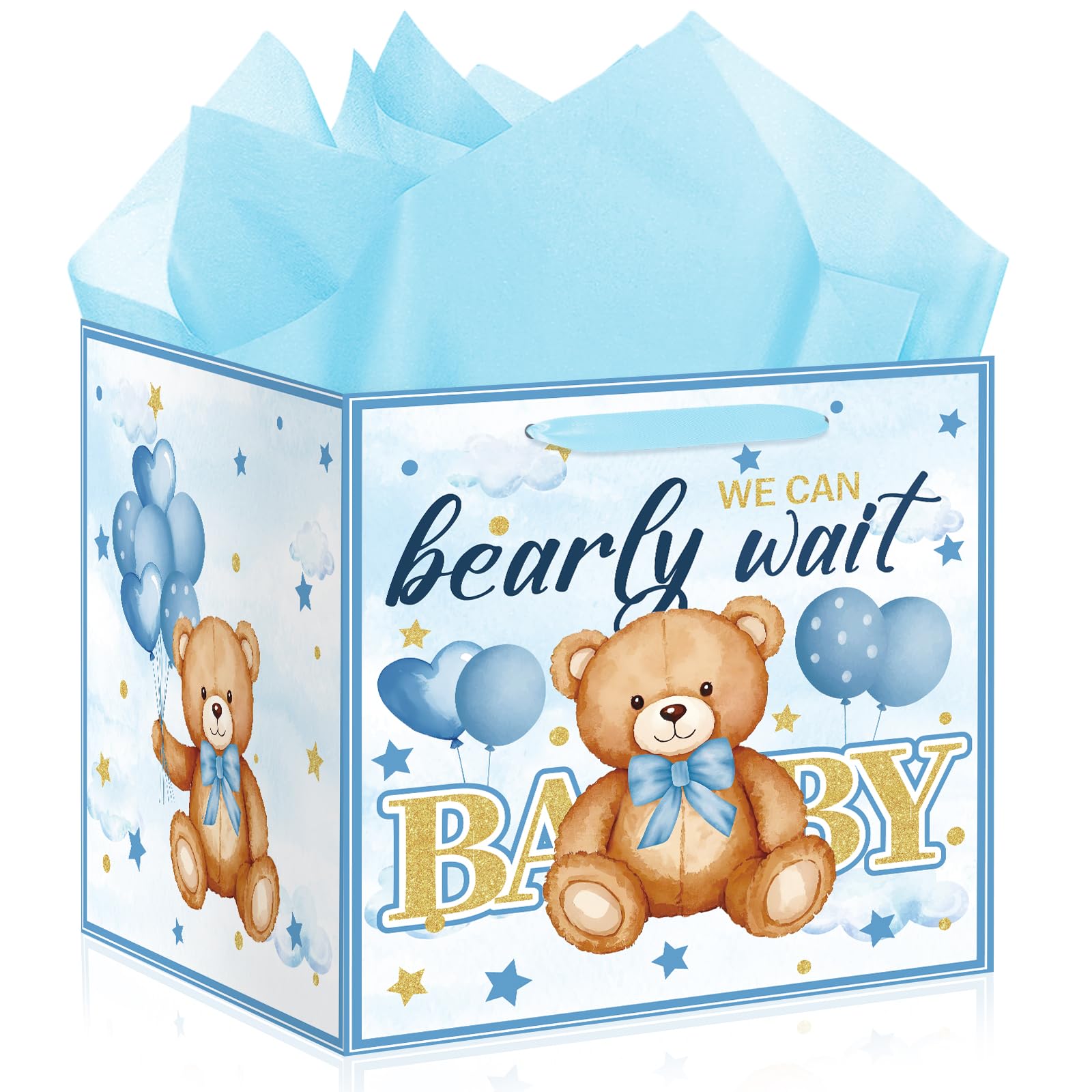 Photo 1 of 12" Extra Large Blue Bear Baby Shower Birthday Gift Bag for Baby Boys We Can Bearly Wait Bag with Wrapping Paper Teddy Bear Gift Bag for Baby Shower Birthday Party Supplies