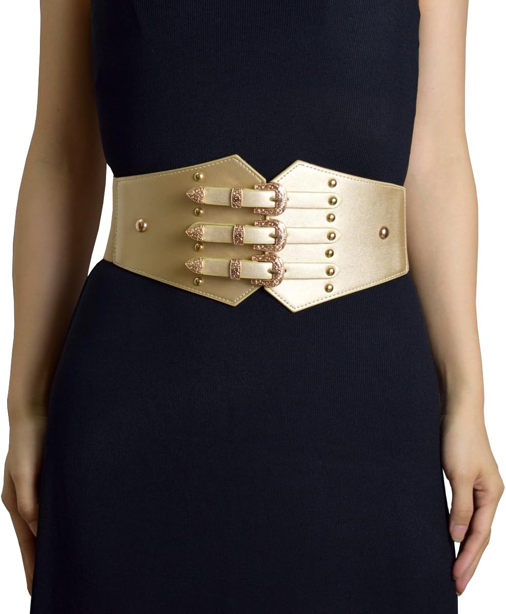 Women Vintage imitation leather Elastic Waist Belt Fashion Wide Belts with Gold Metal Buckle by Designer, cosplay belt