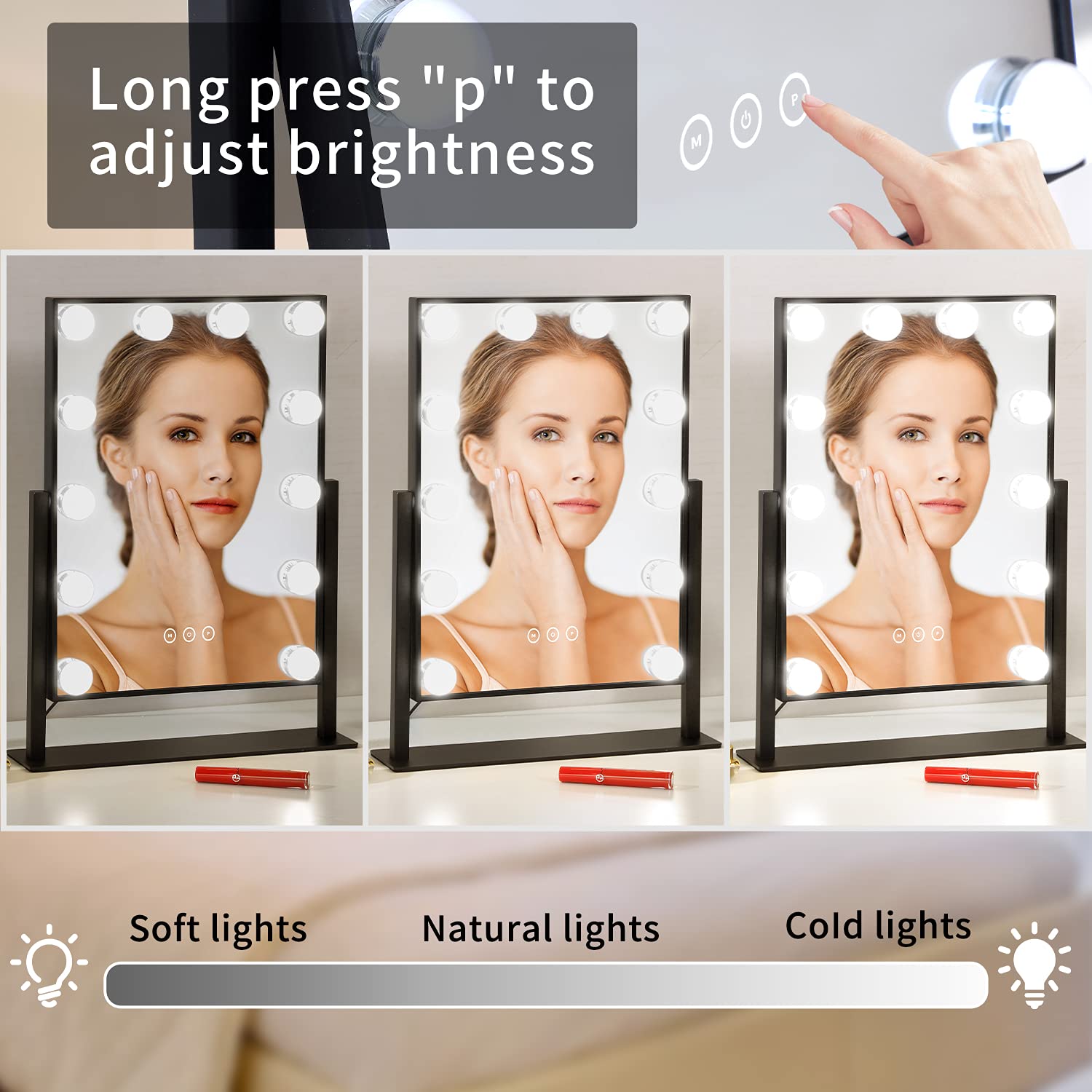 NUSVAN Vanity Mirror with Lights,Makeup Mirror with Lights,3 Color Lighting Modes Detachable 10X Magnification Mirror Touch Control,360°Rotation,White