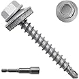 JEGONFRI 250pcs #10 x 1-1/2" Galvanized Hex Head Self-Drilling Metal Roofing Screws, EPDM Washer, No Paint, Sheet Metal Roof Screw with Hex Driver Bit