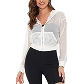 Allegra K Hoodie Jacket for Women's Zip Up Cropped Mesh Jackets Workout Long Sleeve Sheer Bomber Jacket