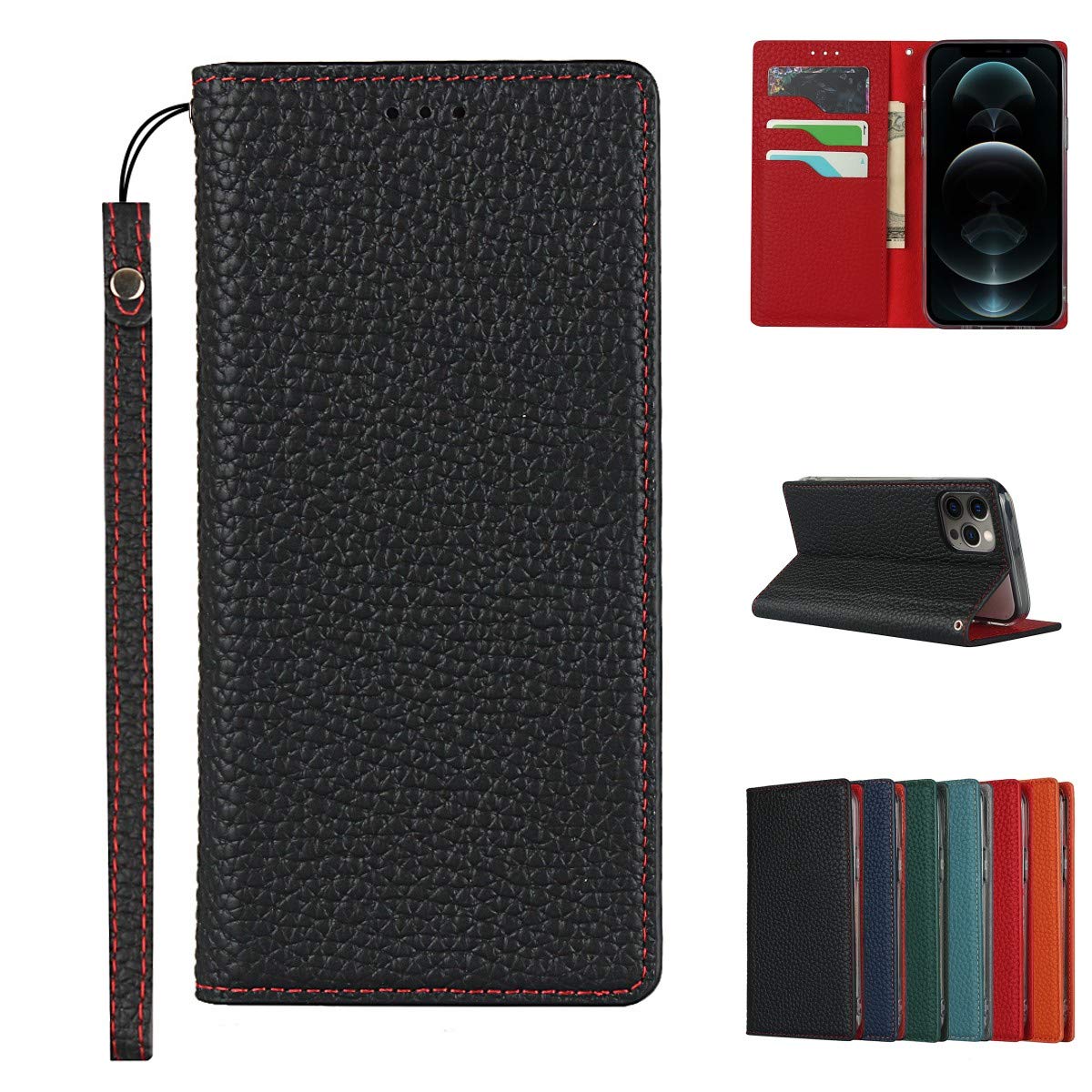 Copmob Case Compatible for iPhone 12 Pro Max With Card Holder With Strap,Genuine Leather Flip Wallet Case,[3 Slots][Magnetic Closure][RFID-Blocking],Phone Case Cover for iPhone 12 Pro Max - Black
