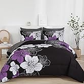 Luxudecor Floral Comforter Set King Size, 7 Pieces Bed in a Bag Purple Floral Comforter and Sheet Set, Soft Microfiber Complete Bedding Sets for All Seasons