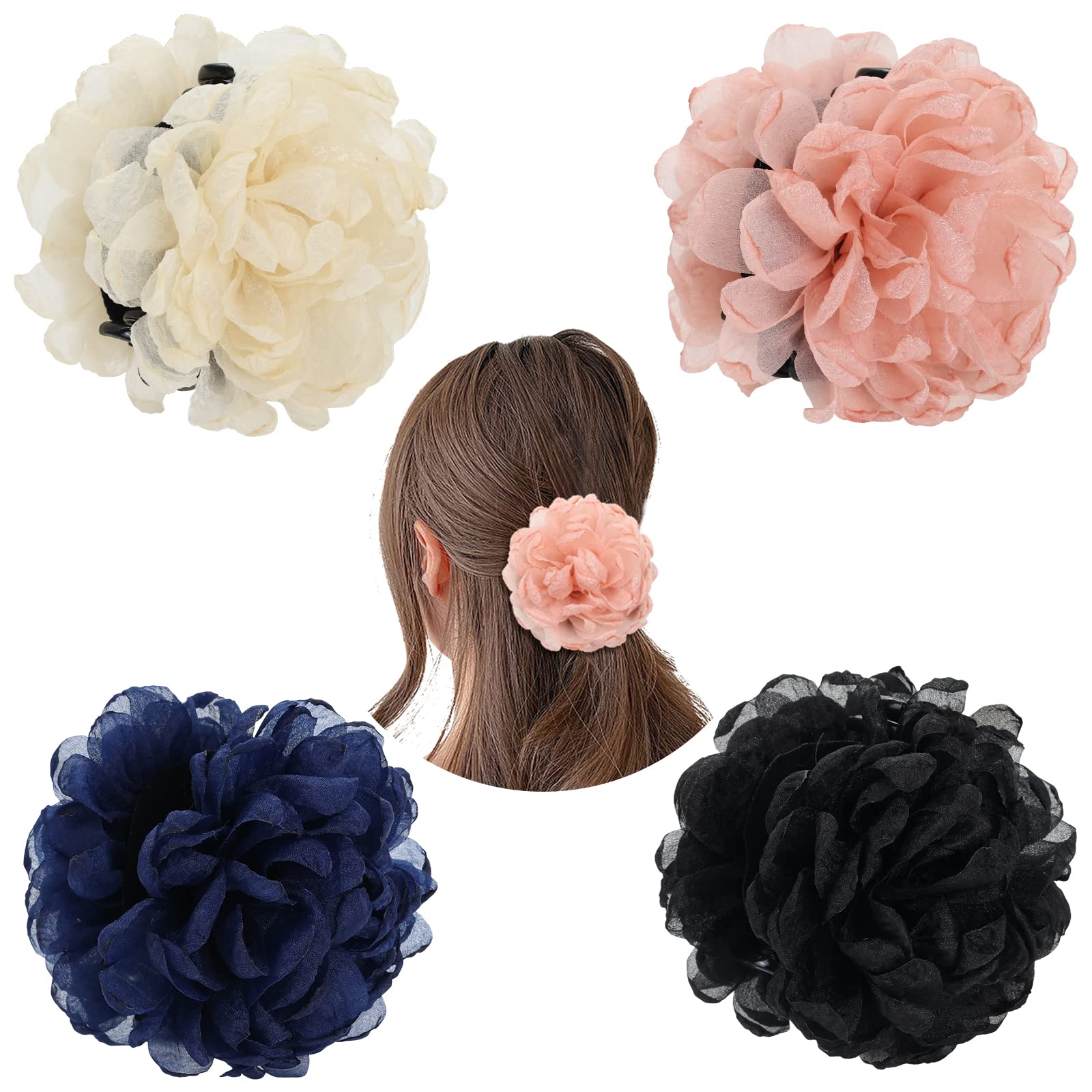 Cinaci 4 Pack Decorative Large Tulle Gauze Ruffle Rose Flower Plastic Hair Claws Clips Big Fabric Floral Hair Bow Jaw Barrettes Clamps Bun Updo Holders Fancy Hair Accessories for Women Girls