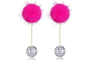 XOCARTIGE Hot Pink Earrings Disco Ball Earring for Women Pom Pom Dangle Earrings Reflective Mirrorball Earrings 70s 80s Disco Dance Party Costume Accessories Cowgirl Country Concert Outfits Halloween New Year Holiday Jewelry Gifts