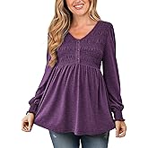 Women's Maternity Shirts V Neck Long Puff Sleeve Babydoll Top Casual Smocked Ruched Pregnancy Top with Button