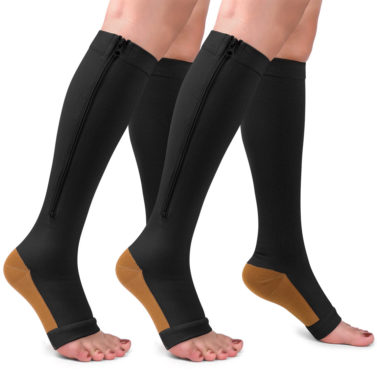 Photo 1 of 2 Pairs Copper Zipper Compression Socks 15-20mmgh-Calf Knee High Open Toe Support Stocking Compression Stocking