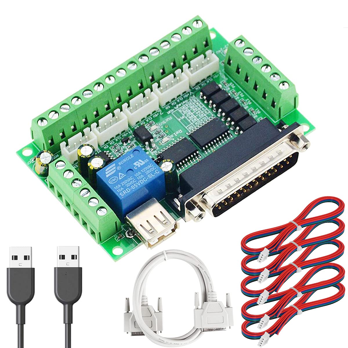 Youmile DC 12-24V CNC Breakout Board 5 axis Mach3 Interface Board Optical Coupler board,with Parallel Port Cable USB Cable XH2.54 4P cable for Stepper Motor Driver MACH3