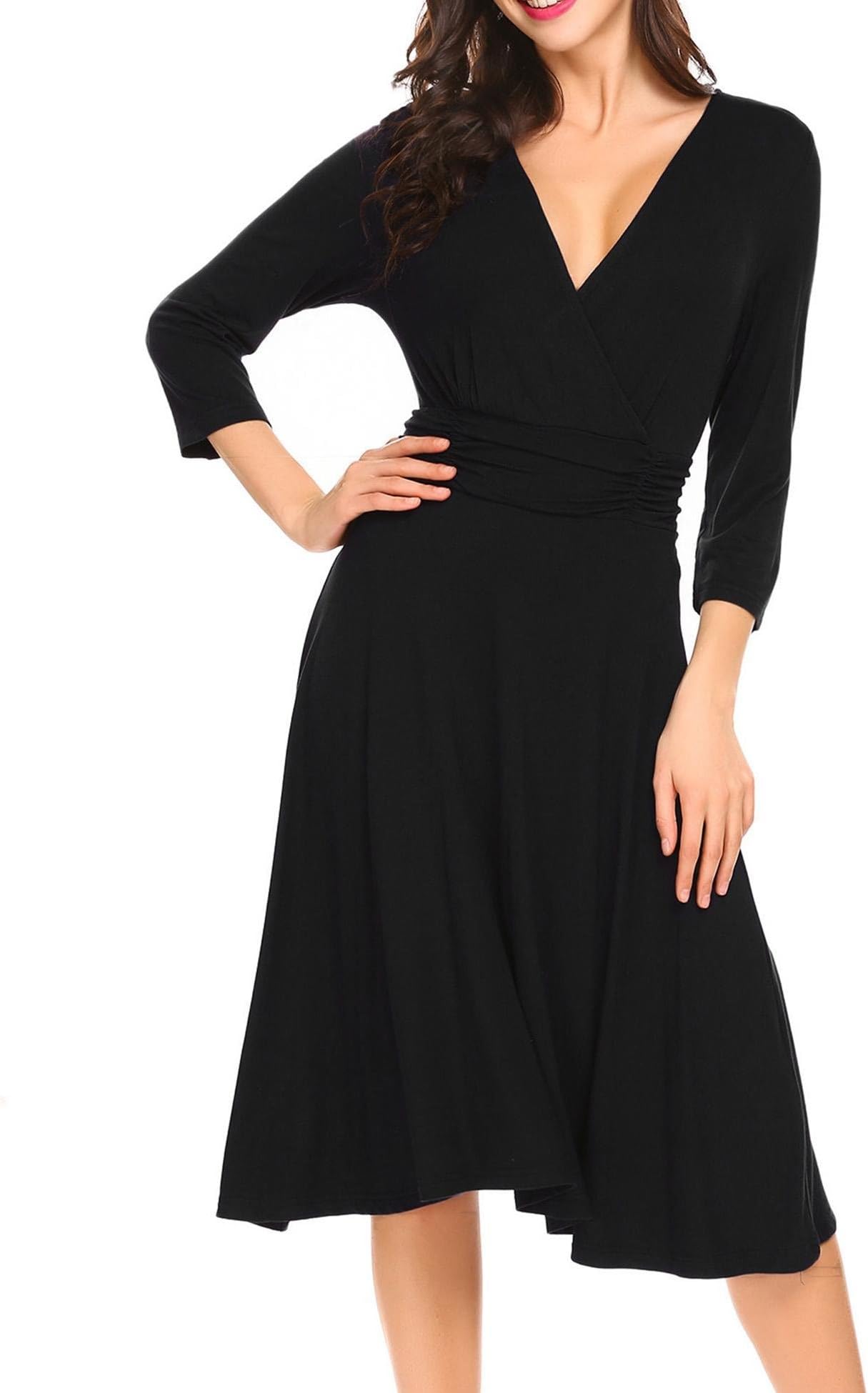Venena Women Faux Wrap Deep V Neck 3/4 Sleeve Slim Waist Solid A-Line Dress