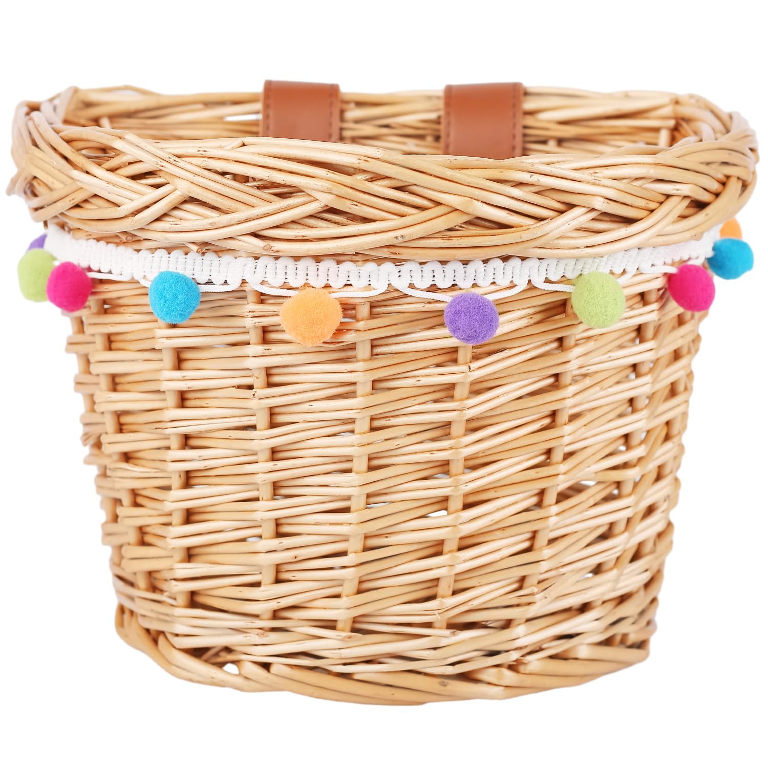 AVASTA Bicycle Basket for Children, Wicker Bicycle Basket for Bicycle, Scooter, Tricycle with Leather Straps/Colorful Fur Ball Decoration, Size XS, Honey Yellow
