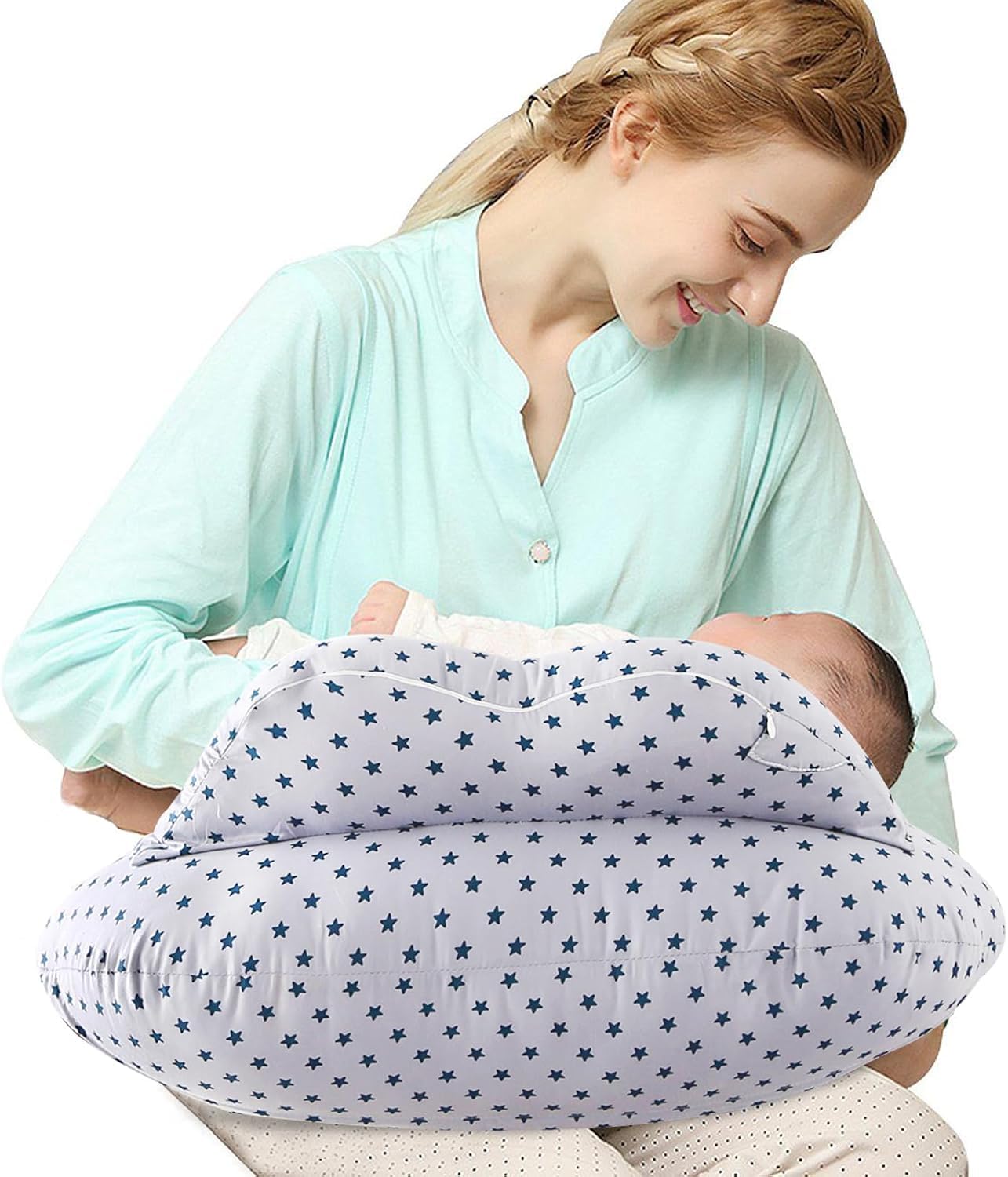 SHANNA Nursing Pillow Bottle Feeding Breastfeeding Pillow, Multifunctional Nursing Pillow with 100% Cotton Romvable Washable Cover Adjustable Waist Strap Support, Gifts for Pregnancy(Grey-White Stars)