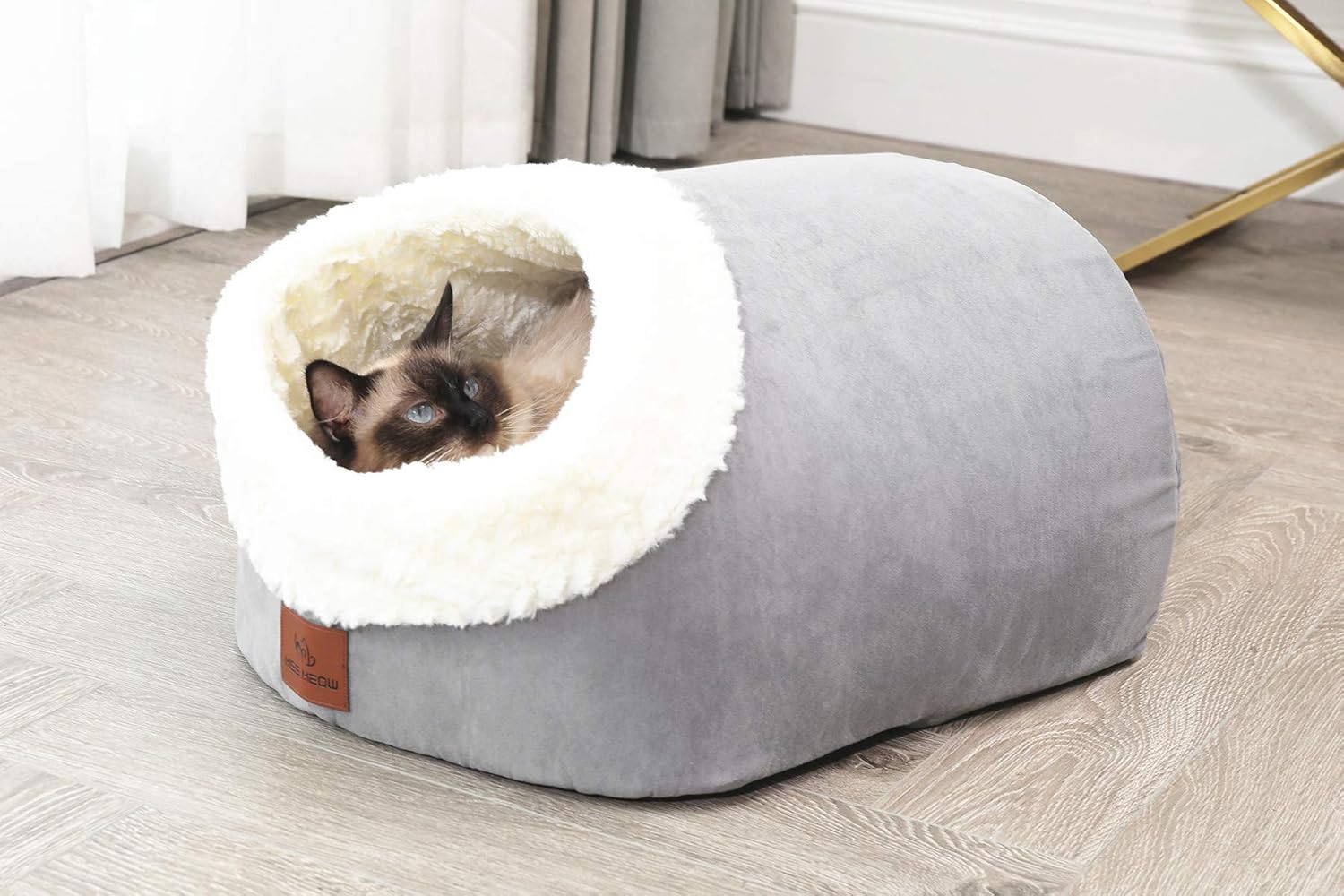 Miss Meow Cat Bed Cave Shape Two Way Conversion Faux Suede 18”x14”x12” Gray : Pet Supplies