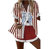 SOOKABEILA Women Graphic 2 Piece Outfit Short Sleeve Sun Print Button Up Shirt Drawstring Shorts Set Causal Beachwear