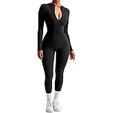 SUUKSESS Women Long Sleeve Ribbed Jumpsuit Zip up Front Workout Bodycon Romper