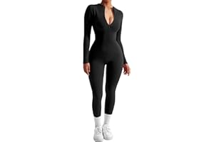 SUUKSESS Women Long Sleeve Ribbed Jumpsuit Zip up Front Workout Bodycon Romper