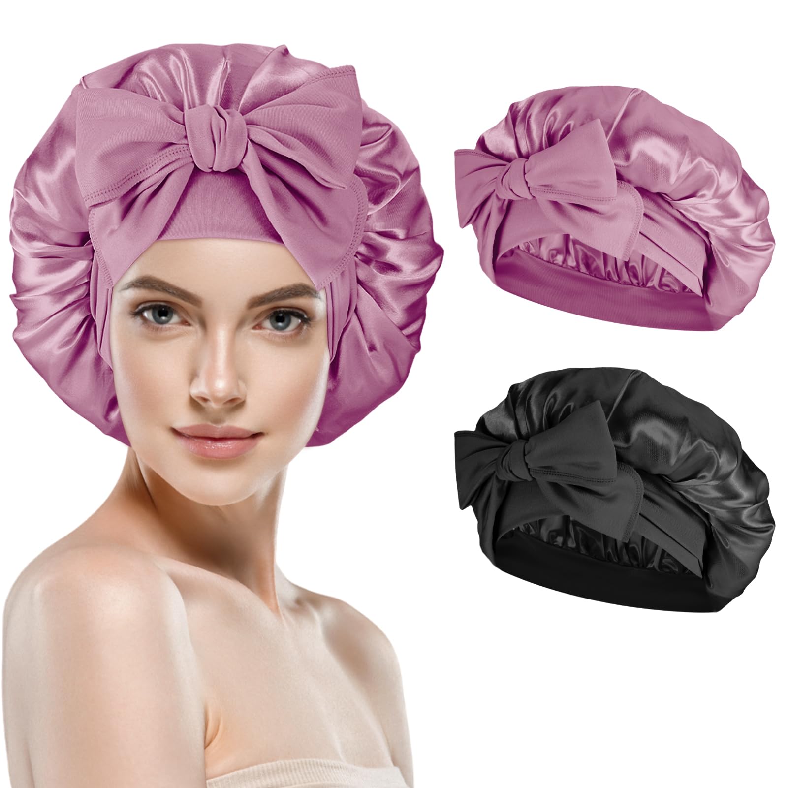 ViEinkaufen 2 Packs Satin Bonnet, Adjustable Silk Bonnet for Sleeping Hair Bonnets for Women Curly Long Hair(Black+Red)