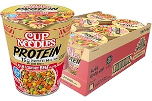 Nissin Cup Noodles Protein Ramen, Beef Flavor with Bone Broth, 16g Protein, 2.54 Ounce Cup (Pack of 6)