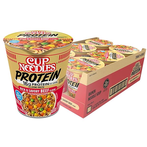 NISSIN CUP NOODLES PROTEIN RAMEN, BEEF FLAVOR WITH BONE BROTH, 16G PROTEIN, 2.54 OUNCE CUP (PACK OF 6)