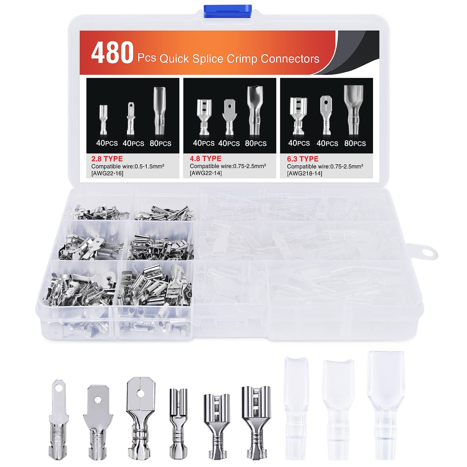 Nilight 480PCS Insulated Male Female Spade Terminals Quick Splice Assortment Tin Plated Open Barrel Copper Crimp Wire Connectors for 22-14 ga Electrical Wiring Car Audio Speaker