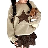 BEAUDRM Girl's Star Graphic Sweaters Cute Crew Neck Long Sleeve Knitted Pullover Jumper Tops