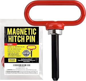 Magnetic Hitch Pin Red Color - Lawn Mower Trailer Hitch Pins - Ultra Strong Neodymium Magnet Trailer Gate Pin for Simple One Handed Hook On & Off - Securely Hitch Lawn & Tow Behind Attachments
