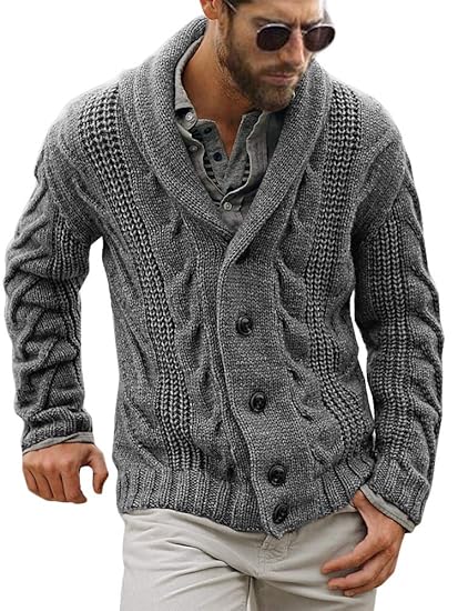 Mens Cable Knit Cardigan Sweater Shawl 