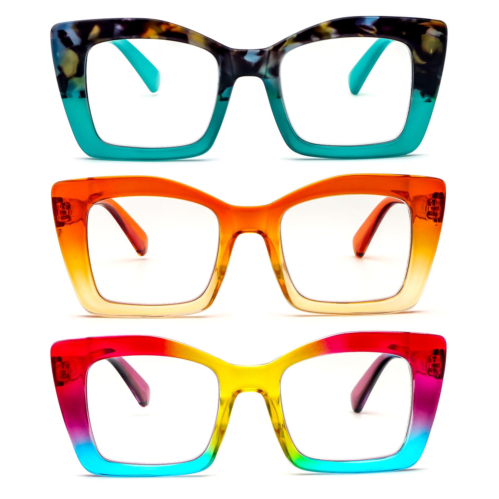 MMOWW 3 Pack Oversized Reading Glasses for Women Square Frame Fashion Style Blue Light Blocking Readers (3 Pack Mix Color, +3.0) — image 1