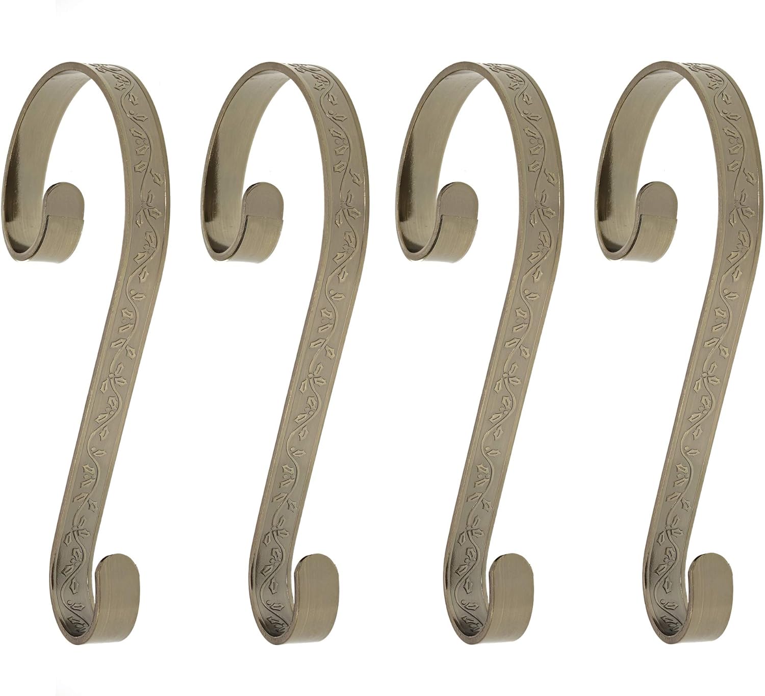 Stockings & Holders - Haute Decor Stocking Scrolls® Stocking Hanger- 4 Pack Holly Embossed (Antique Brass) - Christmas Stocking Holders for Various Mantel Sizes, Including Large