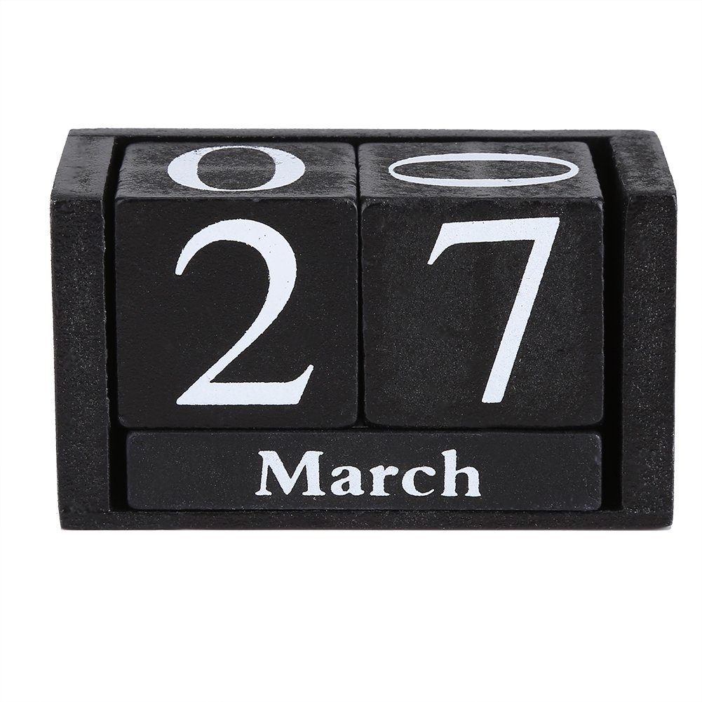 Zerodis Vintage Wooden Perpetual Desktop Calendar Wood Block Month Date Display Home Office Decoration(Black)