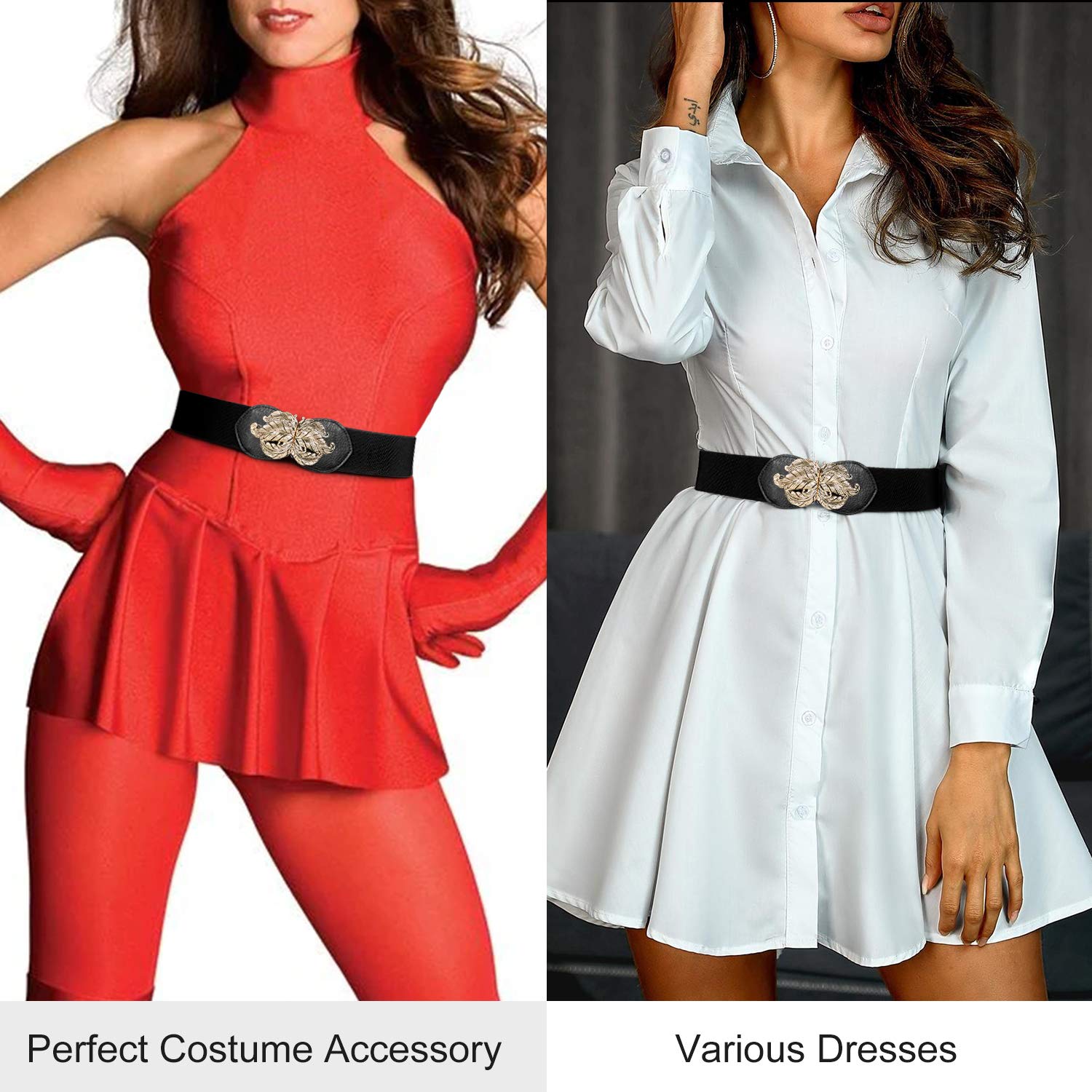 Retro Metal Leaf Buckle Belt Wide Elastic Waist Belt Elegant Stretch Dress Waistband For Women Ladies By JASGOOD